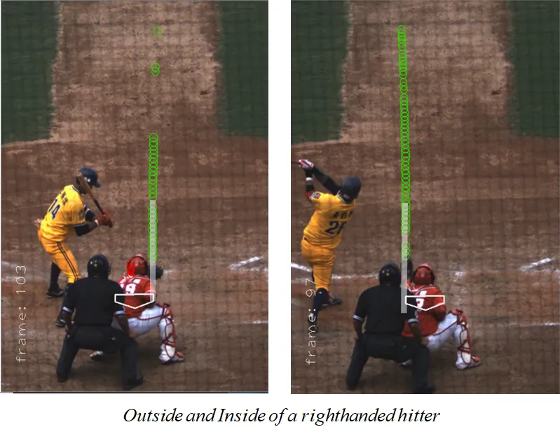 Two high speed camera frames showing a pitch crossing the far edge of the home plate, with the computed plate location overlaid.